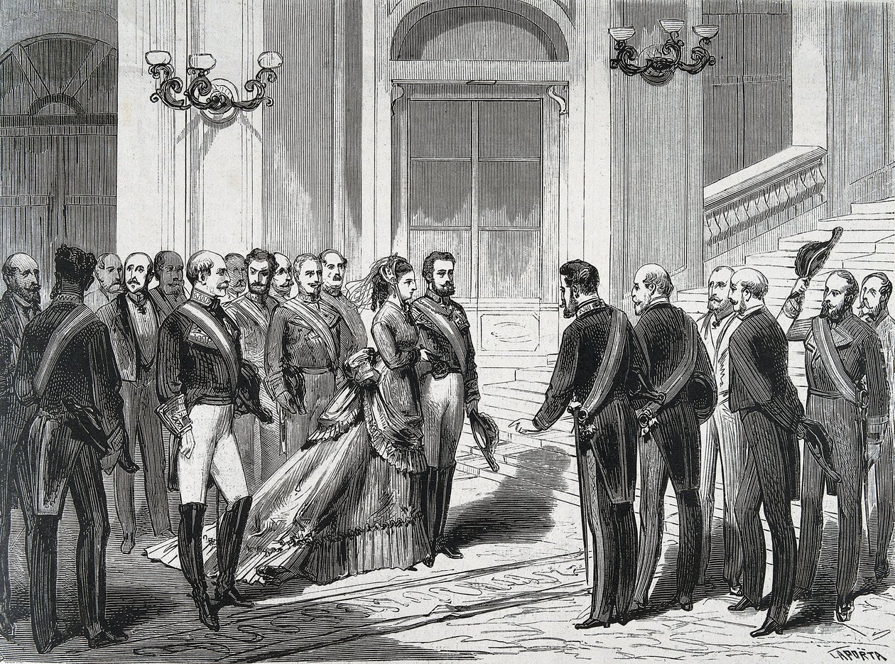 Der König von Spanien Amedee I. (Amedeo Ferdinando Maria di Savoia) (1845-1890) und seine Frau Königin Maria Victoria dal Pozzo della Cisterna (1847-1876) bei ihrer Ankunft im Königspalast in Madrid am 19.03.1871. Gravur aus "La Ilustracion Espanola y Amer von Spanish School