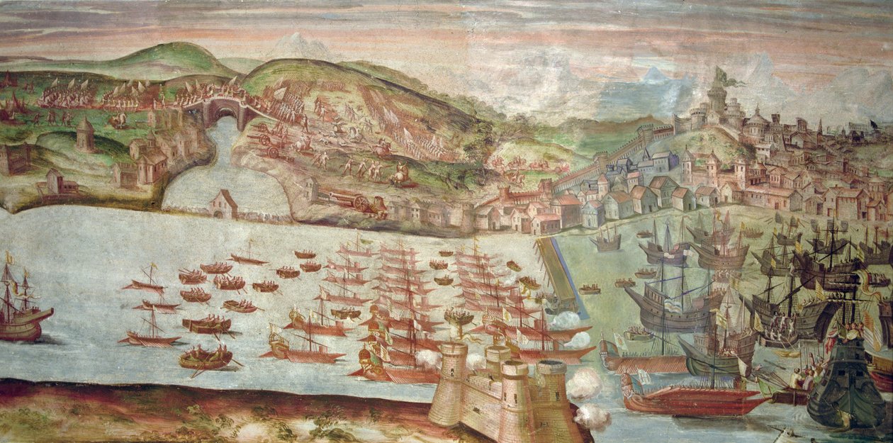 Der Einzug der Flotte in Lissabon, eine Szene aus der maritimen Kampagne gegen Portugal unter der Leitung von Alvaro de Bazan, während der Herrschaft von Philipp II. von Spanien von Spanish School