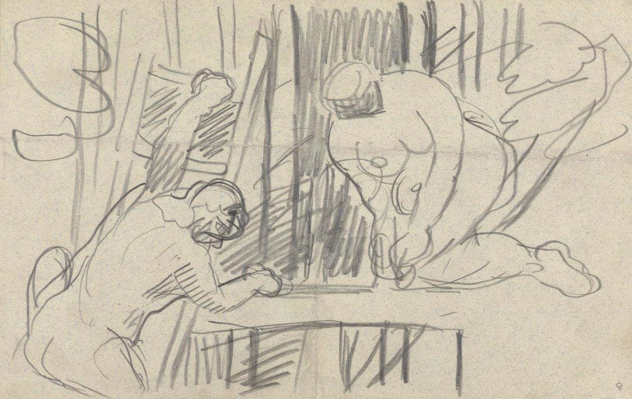 Höhle des Goldenen Kalbs: Studie eines Baumhauses mit primitiven Menschen von Spencer Frederick Gore