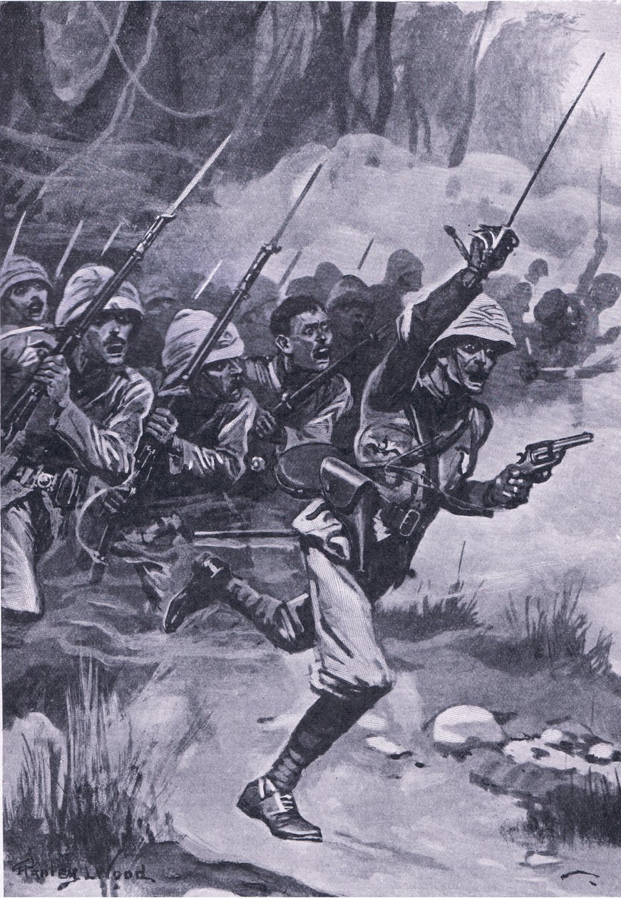 Briten stürmen die Ashantis bei Amoaful, 31. Januar 1874, Illustration aus British Battles on Land and Sea, 1915 von Stanley L. Wood