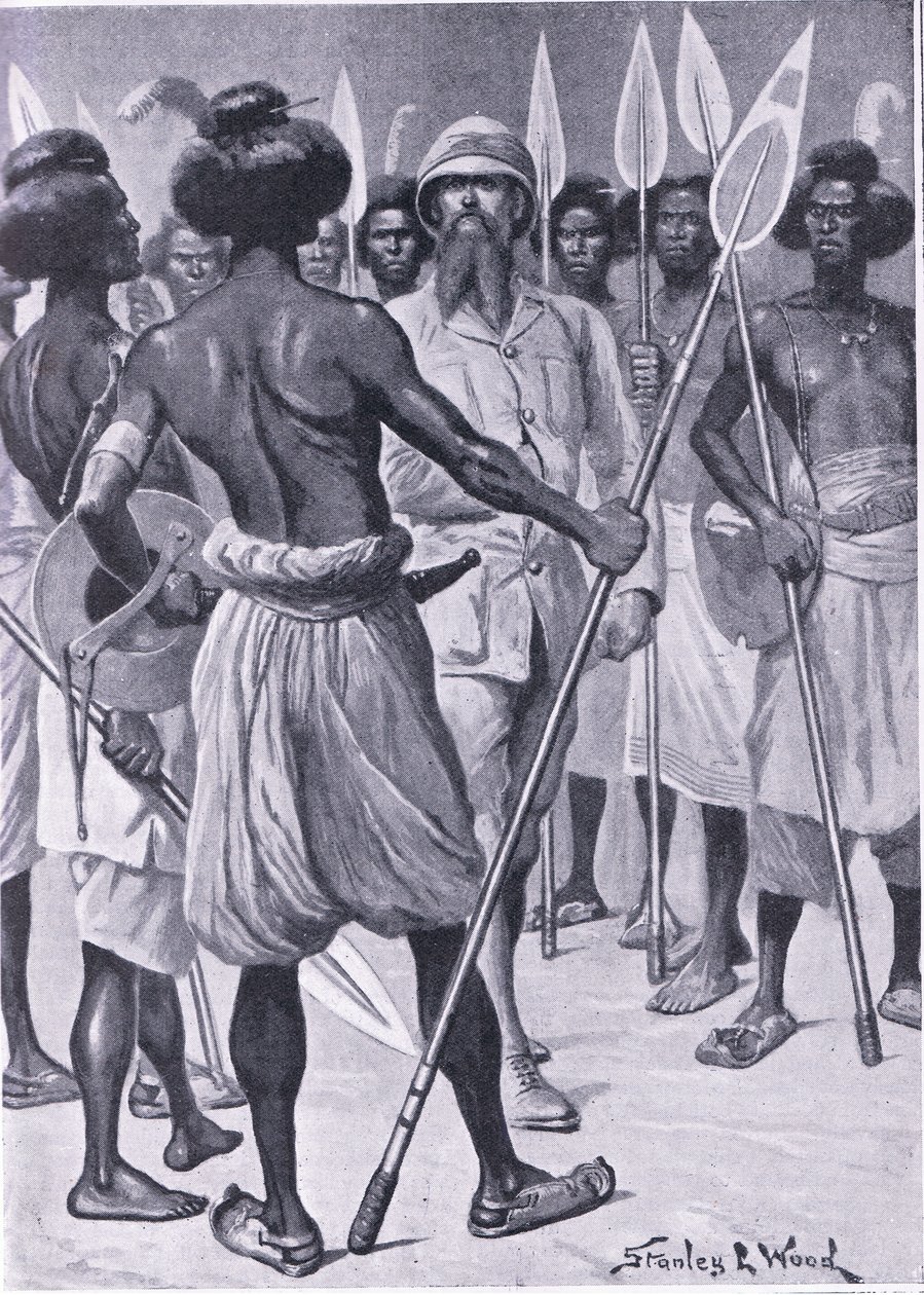 Der Krieger, den Burton in Somaliland traf, Illustration aus Cassells Romance of Famous Lives, ca. 1940 von Stanley L. Wood