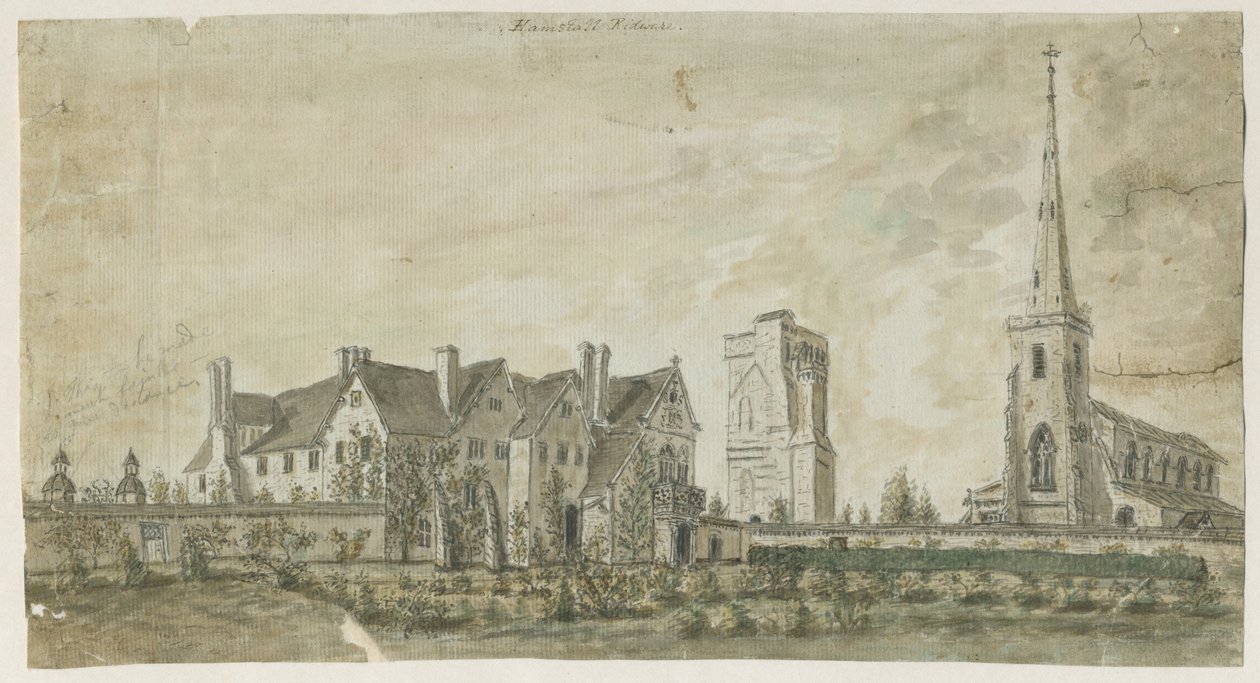 Hamstall Ridware - Kirche und Herrenhaus: Aquarell, undatiert [1762-1802] von Stebbing Shaw