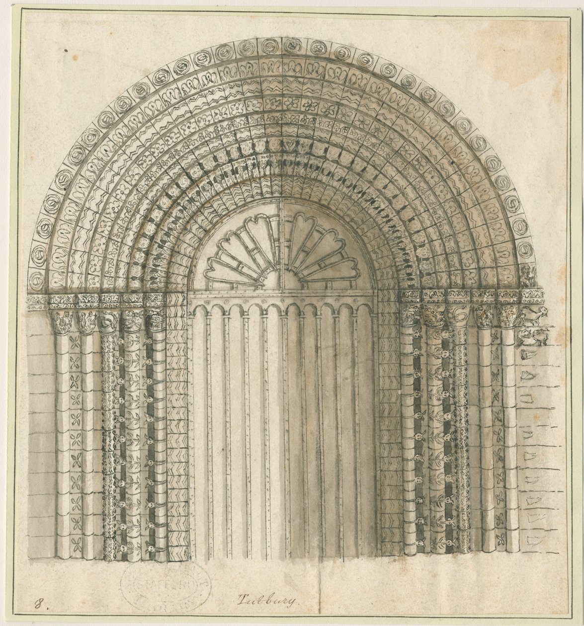 Tutbury Priory Kirche - Bogen in der Westtür: Feder- und Sepia-Zeichnung, undatiert [1762-1802] von Stebbing Shaw