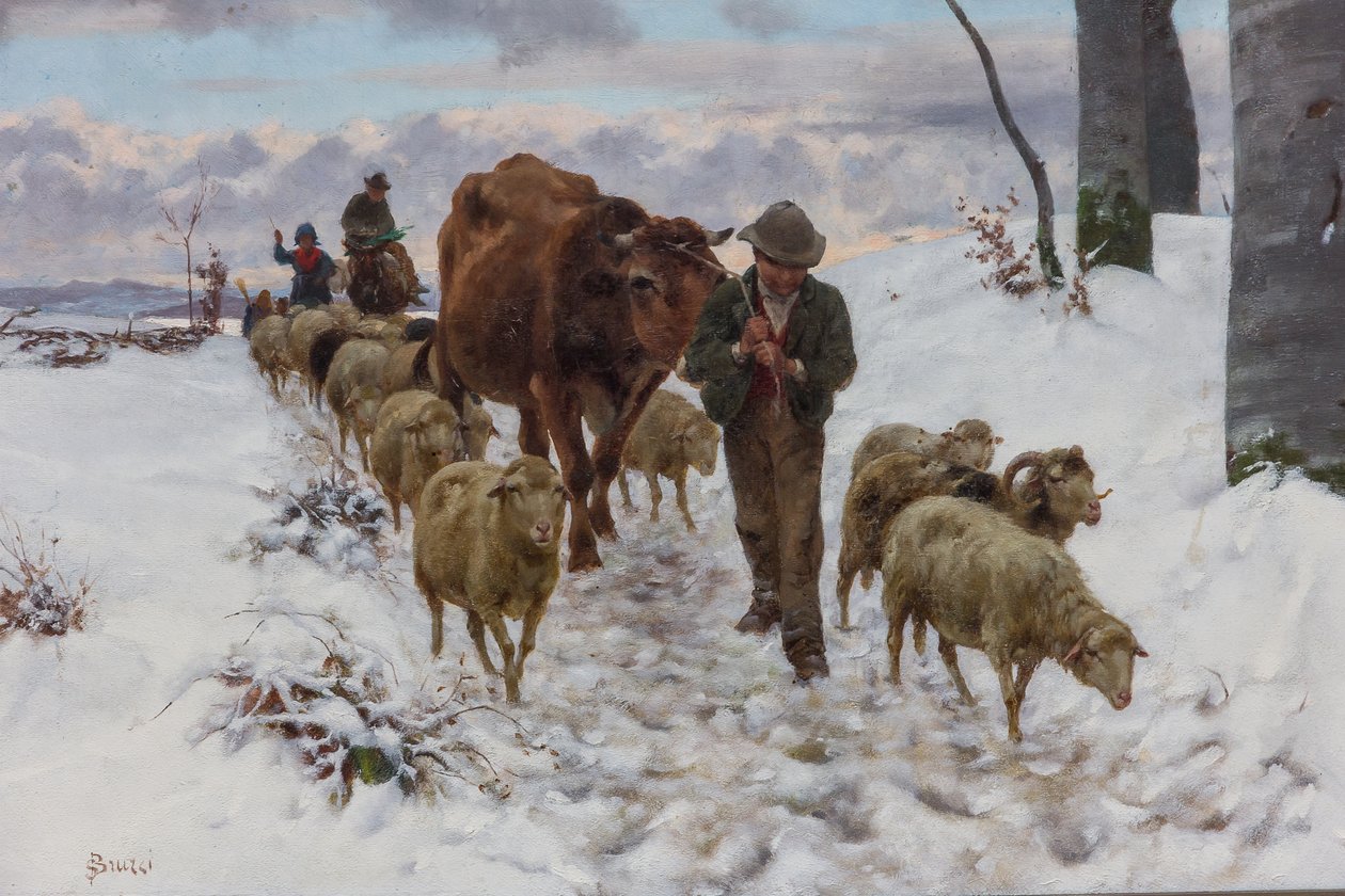 Rückkehr vom Markt nach dem Schneefall, vor 1877 von Stefano Bruzzi