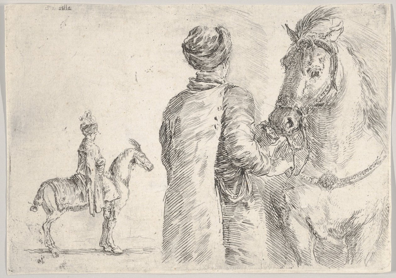 Ein polnischer Diener, von hinten gesehen, hält das Zaumzeug eines Pferdes, ca. 1662 von Stefano della Bella