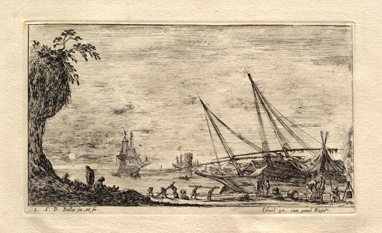 Ein Seehafen mit Sonnenuntergang im Hintergrund von Stefano della Bella