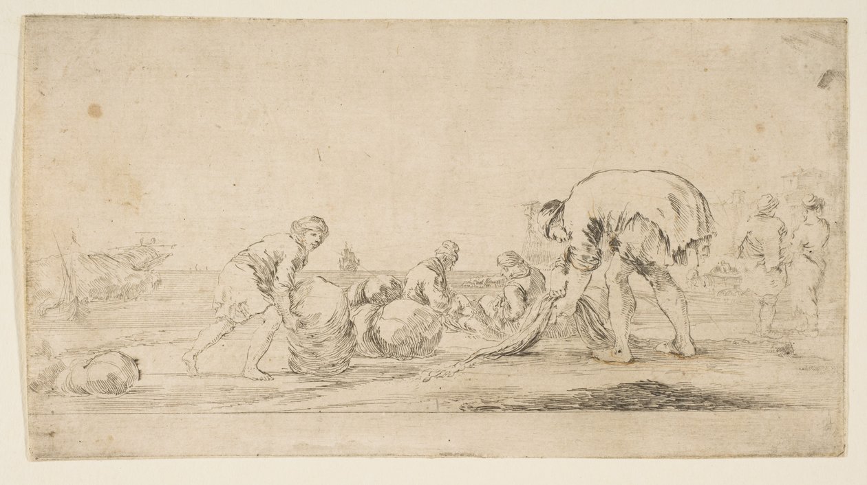 Ein Fischer bringt seine Netze ein, ein Mann links schiebt einen Ballen nach rechts, zwei sitzende... (ca. 1662) von Stefano della Bella