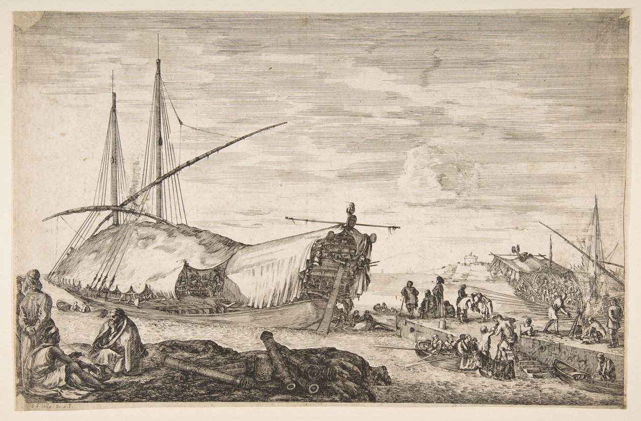 Eine Galeere mit Segeln nach links, sechs Kanonen und vier Personen im Vordergrund von Stefano della Bella