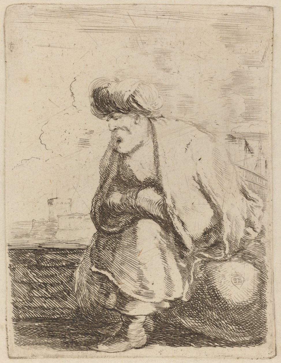 Ein alter Türke mit Turban, auf einem Felsen sitzend von Stefano della Bella