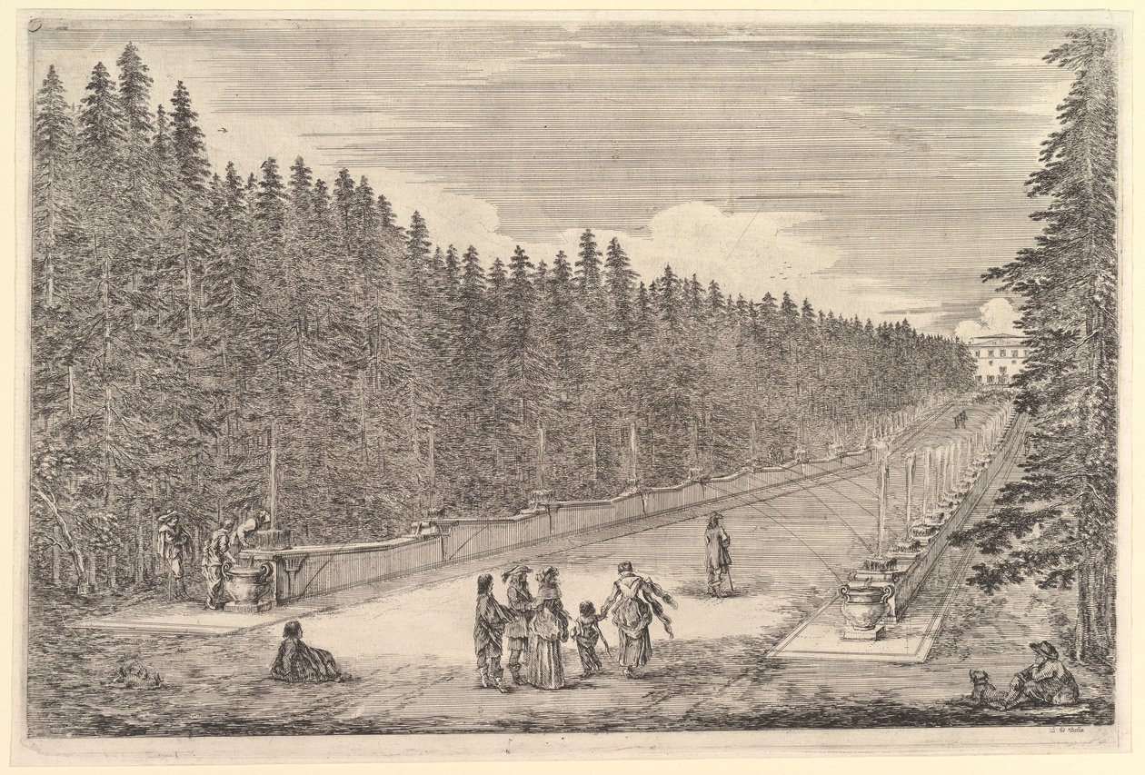 Eine Allee von Brunnen, eine Gruppe von Menschen, aus "Ansichten der Villa in Pratolino" (Vues de la villa de Pratolino) von Stefano della Bella