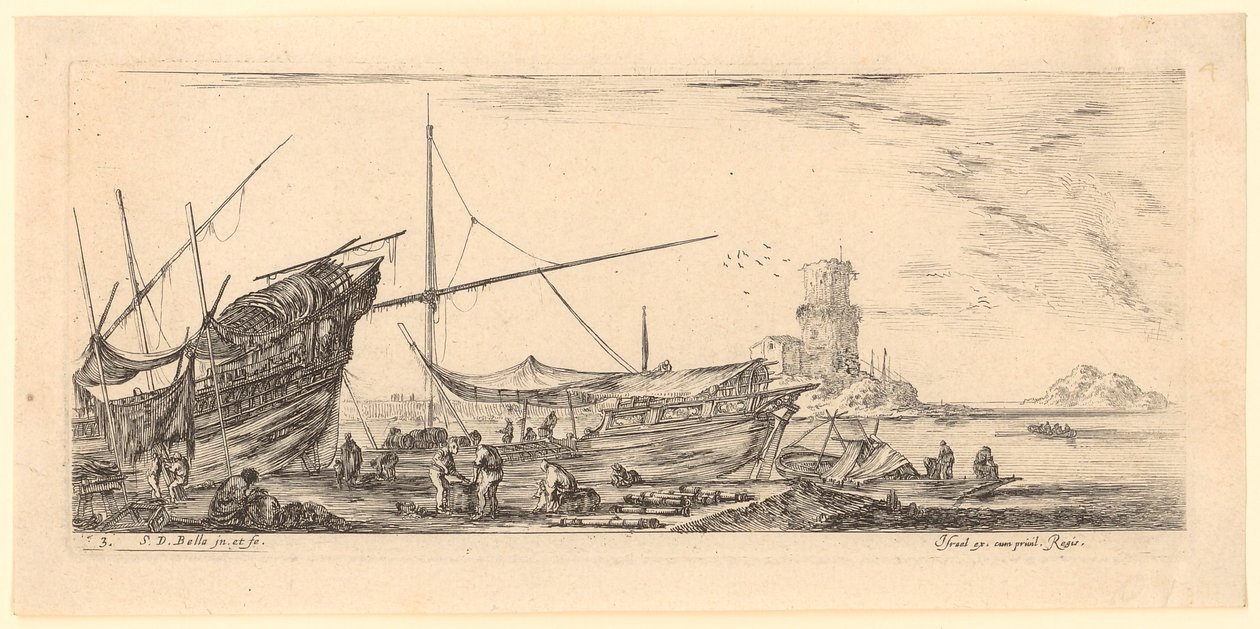 Ansicht eines Hafens mit Galeeren und Arbeitern von Stefano della Bella