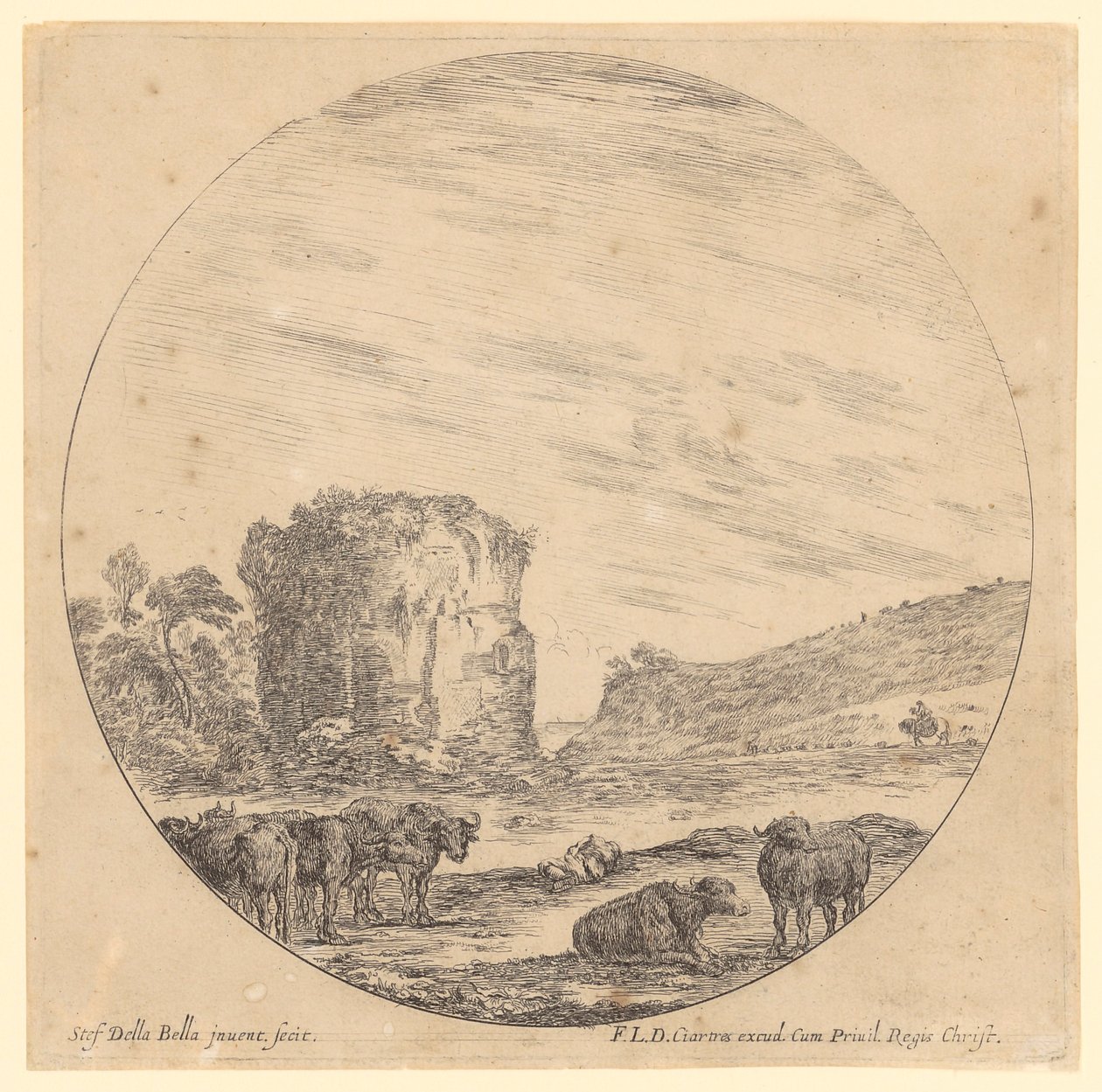 Antike Tempelruine mit lagernden Büffeln und einem Reiter im Hintergrund von Stefano della Bella