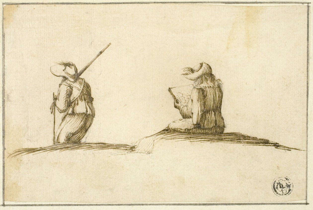 Künstler beim Skizzieren und Soldat, beide von hinten gesehen von Stefano della Bella