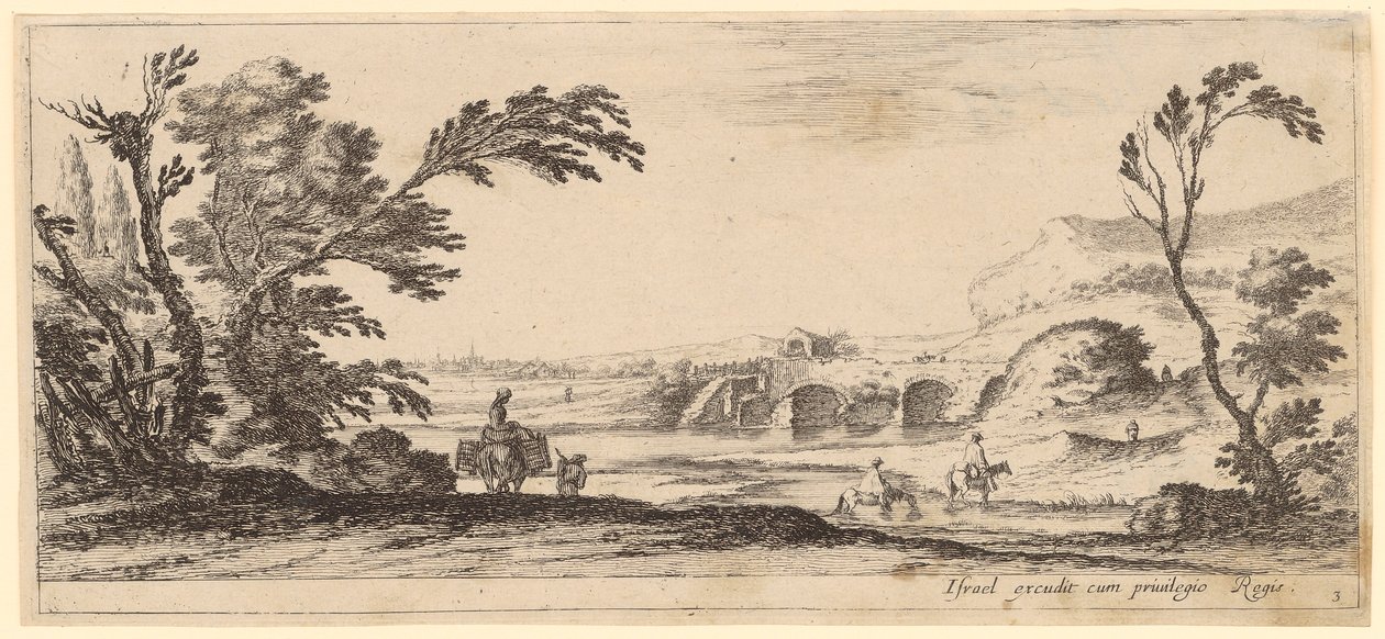Bäuerin auf einem Lasttier, Bauern und zwei Reiter beim Durchqueren eines Flusses von Stefano della Bella