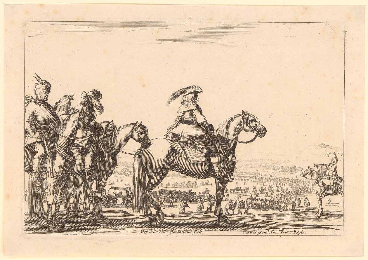 Berittener Kommandant, hinter ihm die Kavallerie, Blatt 3 der Folge "Verschiedene Figuren" von Stefano della Bella