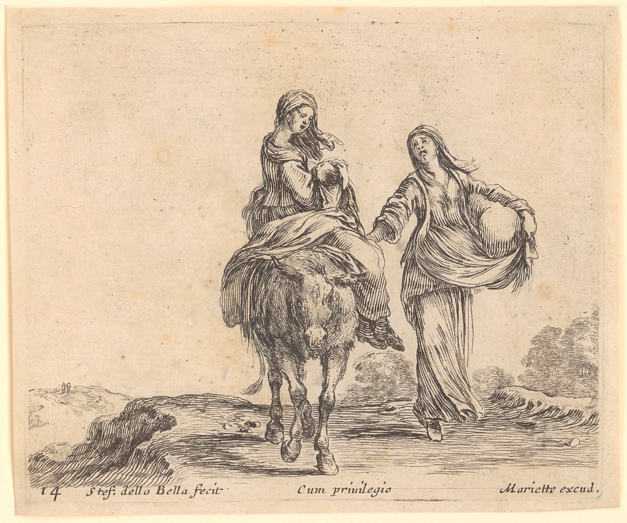 Frau mit Kind auf einem Esel, begleitet von einer zweiten Frau von Stefano della Bella