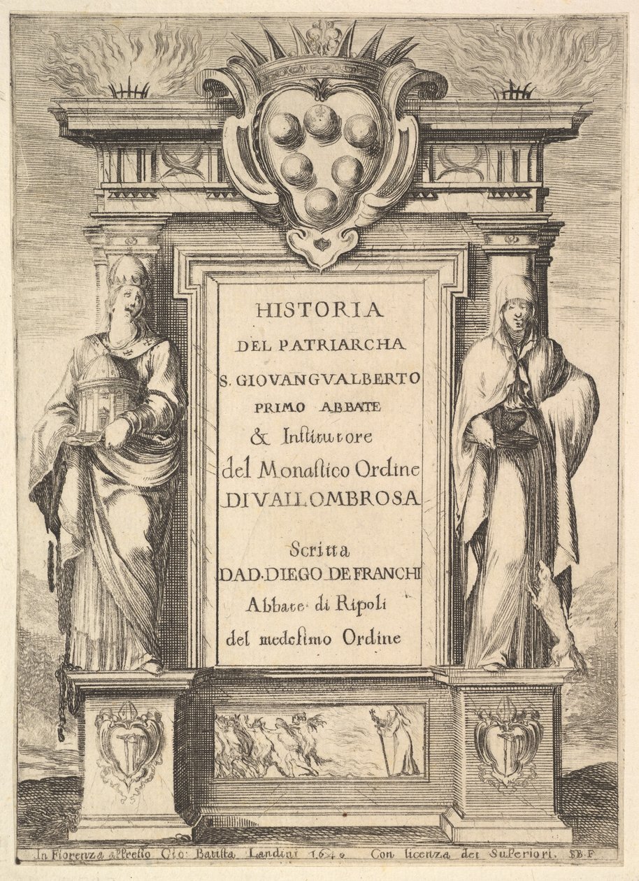 Frontispiz: ein Denkmal mit dem Medici-Wappen oben in der Mitte, Flammen von Stefano della Bella