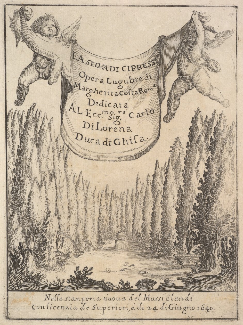 Frontispiz für Der Zypressenwald La selva di cipressi: zwei Putti halten einen Wandteppich..., 1640 von Stefano della Bella