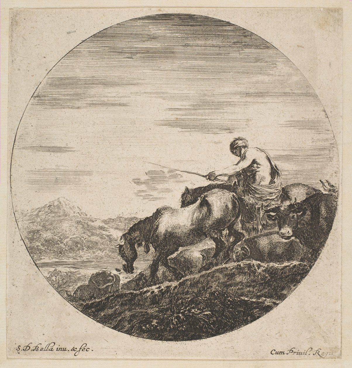 Hirte zu Pferd treibt Tiere, aus Six animal subjects, ca. 1646 von Stefano della Bella