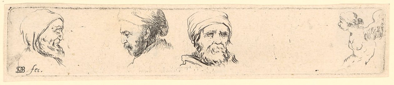Kopfstudien dreier Philosophen, rechts Studie einer geflügelten Figur von Stefano della Bella