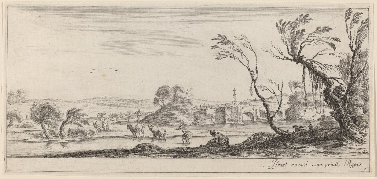 Landschaft mit Bauer, der sich auf das Überqueren eines Baches vorbereitet, um oder vor 1647 von Stefano della Bella