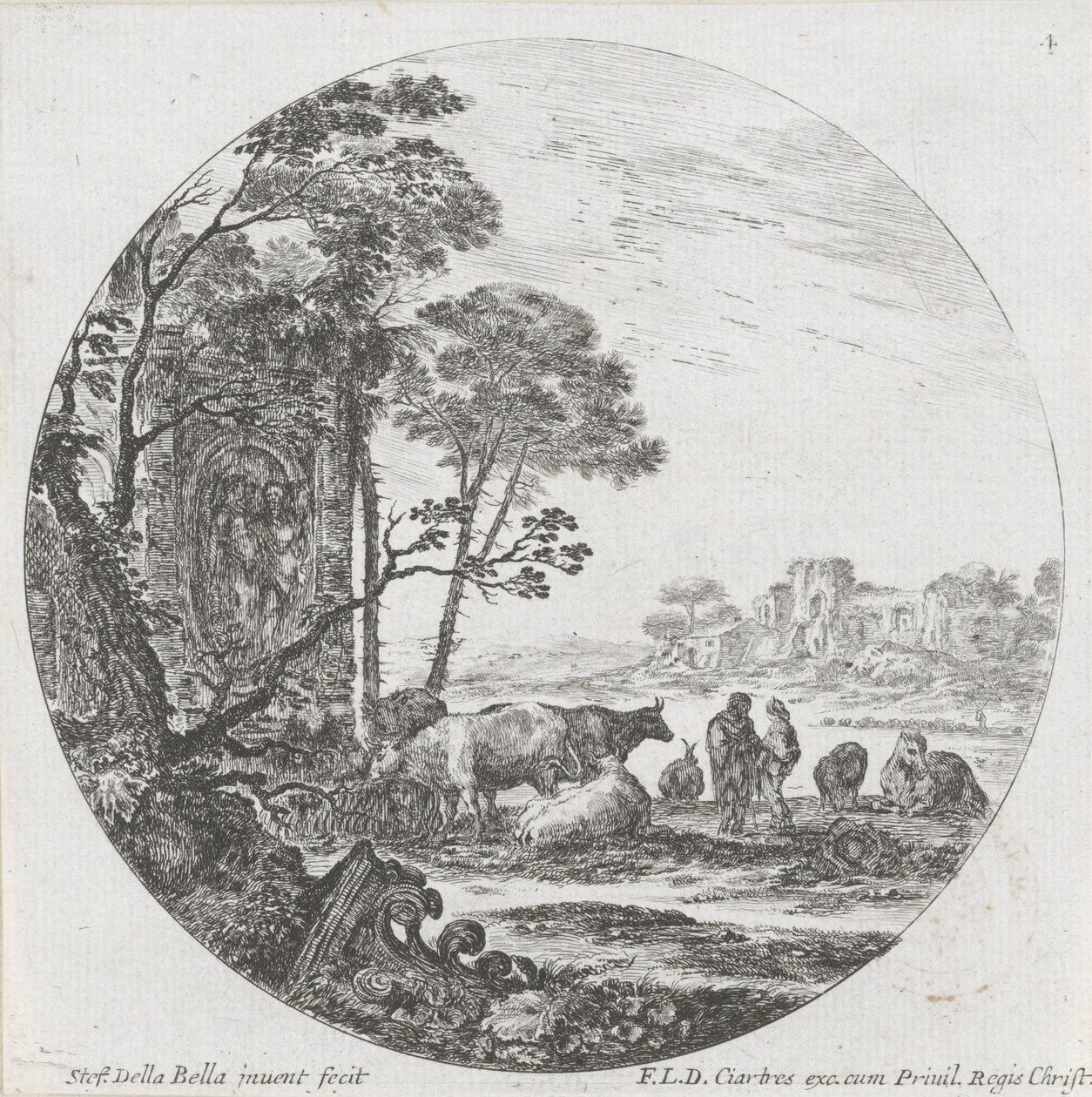 Landschaft mit Herde und korinthischem Kapitell von Stefano della Bella
