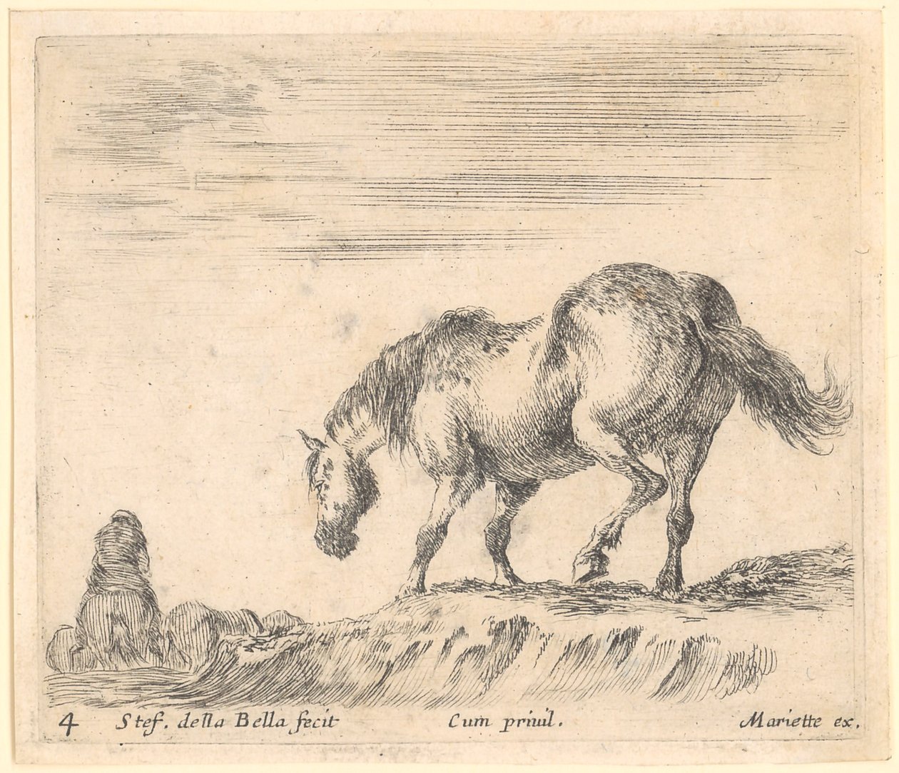 Pferd im Profil nach links, links ein Reiter auf einem weiteren Pferd von Stefano della Bella