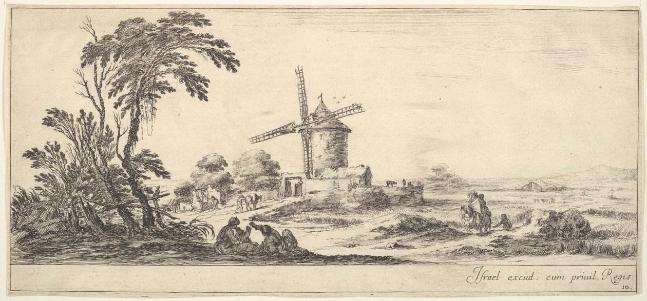 Platte 10: eine Familie im Vordergrund, verschiedene Figuren und Pferde im Mittelgrund, ca. 1641 von Stefano della Bella