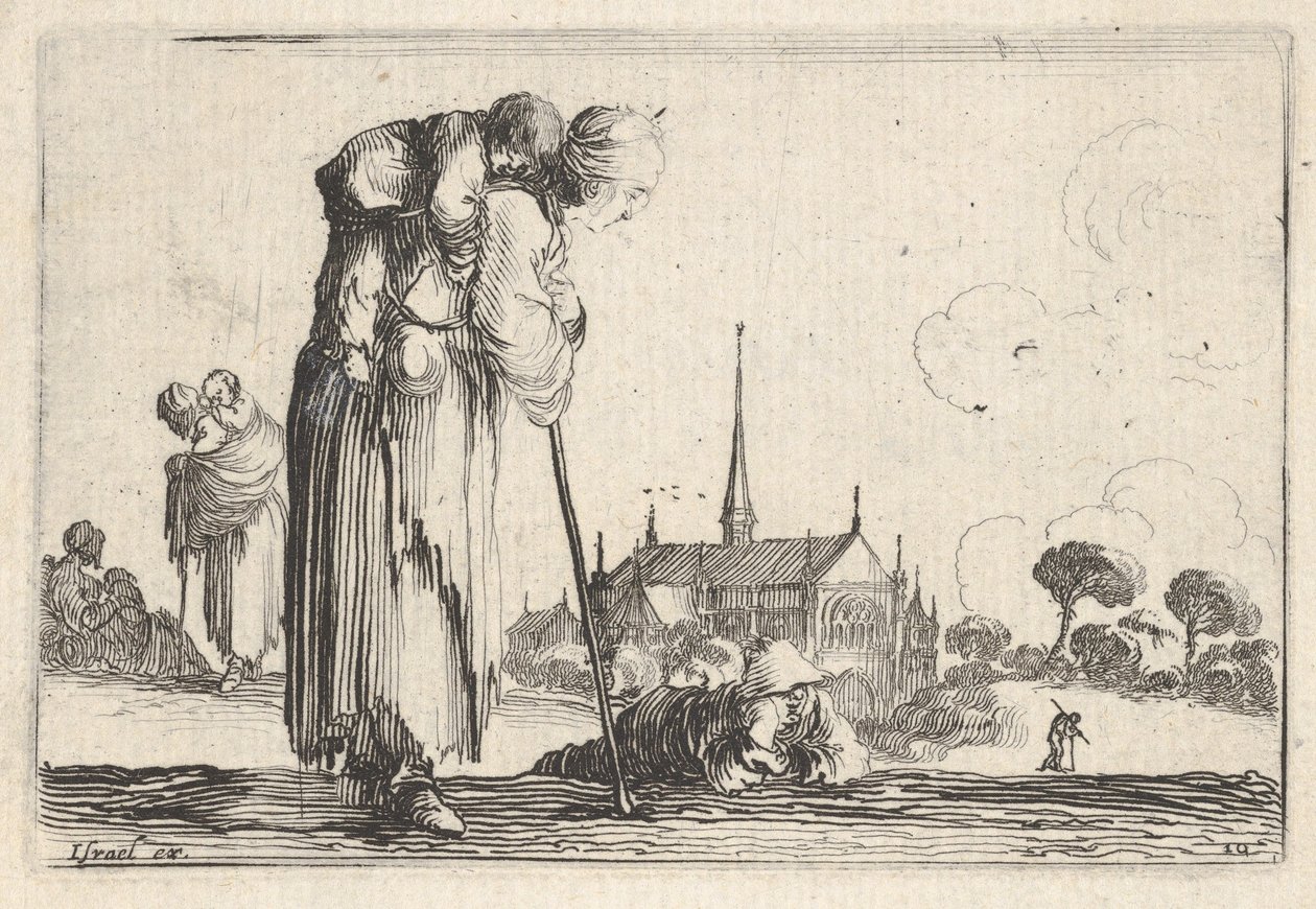 Platte 10: eine Bäuerin nach rechts gewandt mit einem Kind auf dem Rücken, ein Junge lie..., ca. 1642 von Stefano della Bella