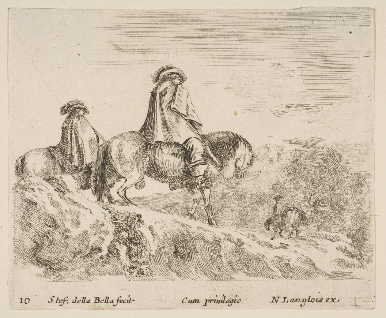Platte 10: zwei Reiter steigen links einen Berg hinab, ein weiterer Reiter rechts..., ca. 1644-47 von Stefano della Bella