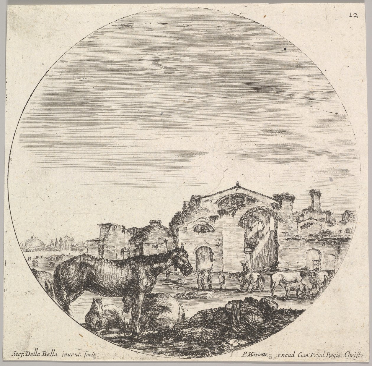 Tafel 12: Ein schlafender Hirte auf dem Boden rechts, drei Pferde links, andere h..., ca. 1643-48 von Stefano della Bella