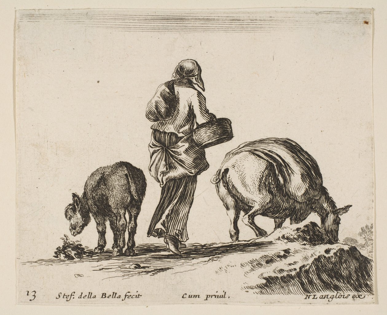 Bauerin von hinten, mit einem Korb, ein Esel..., ca. 1644-47 von Stefano della Bella