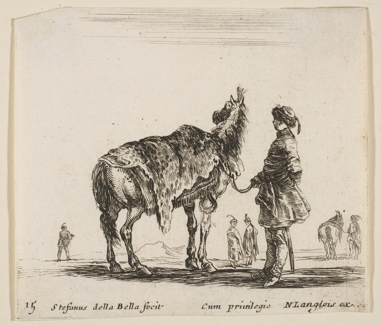 Tafel 15: ein polnischer Edelmann, von hinten gesehen, hält sein Pferd, das in Leopardenfell gehüllt ist, ca. 1644-47 von Stefano della Bella