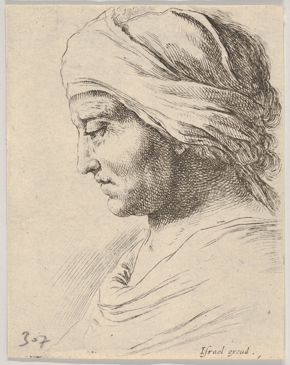 Tafel 16: Kopf eines alten Mannes im Profil mit einem um den Kopf gebundenen Tuch, aus The B..., ca. 1649 von Stefano della Bella