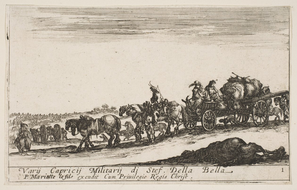 Tafel 1: Ein Pferdewagen, der Menschen und Güter transportiert, totes Pferd im Vordergrund, ca. 1641 von Stefano della Bella