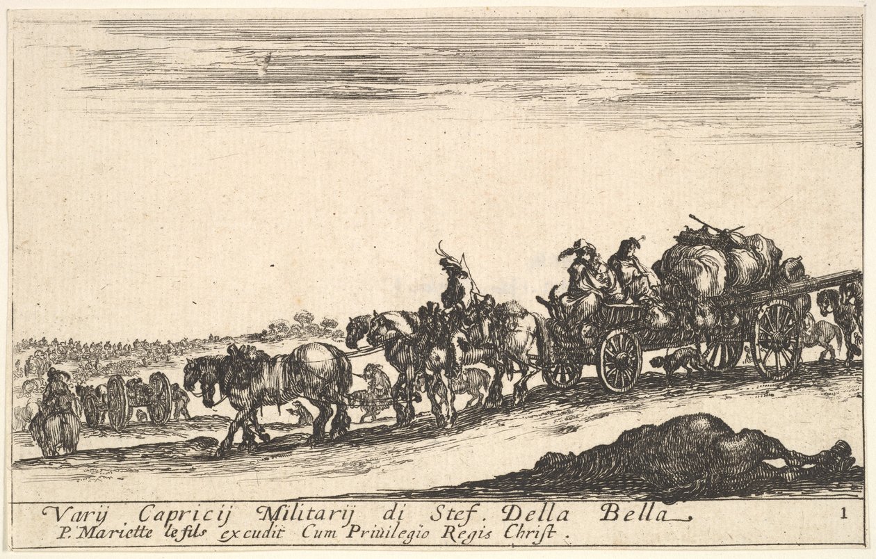 Tafel 1: Ein Pferdewagen, der Menschen und Waren transportiert, totes Pferd im Vordergrund, ca. 1641 von Stefano della Bella