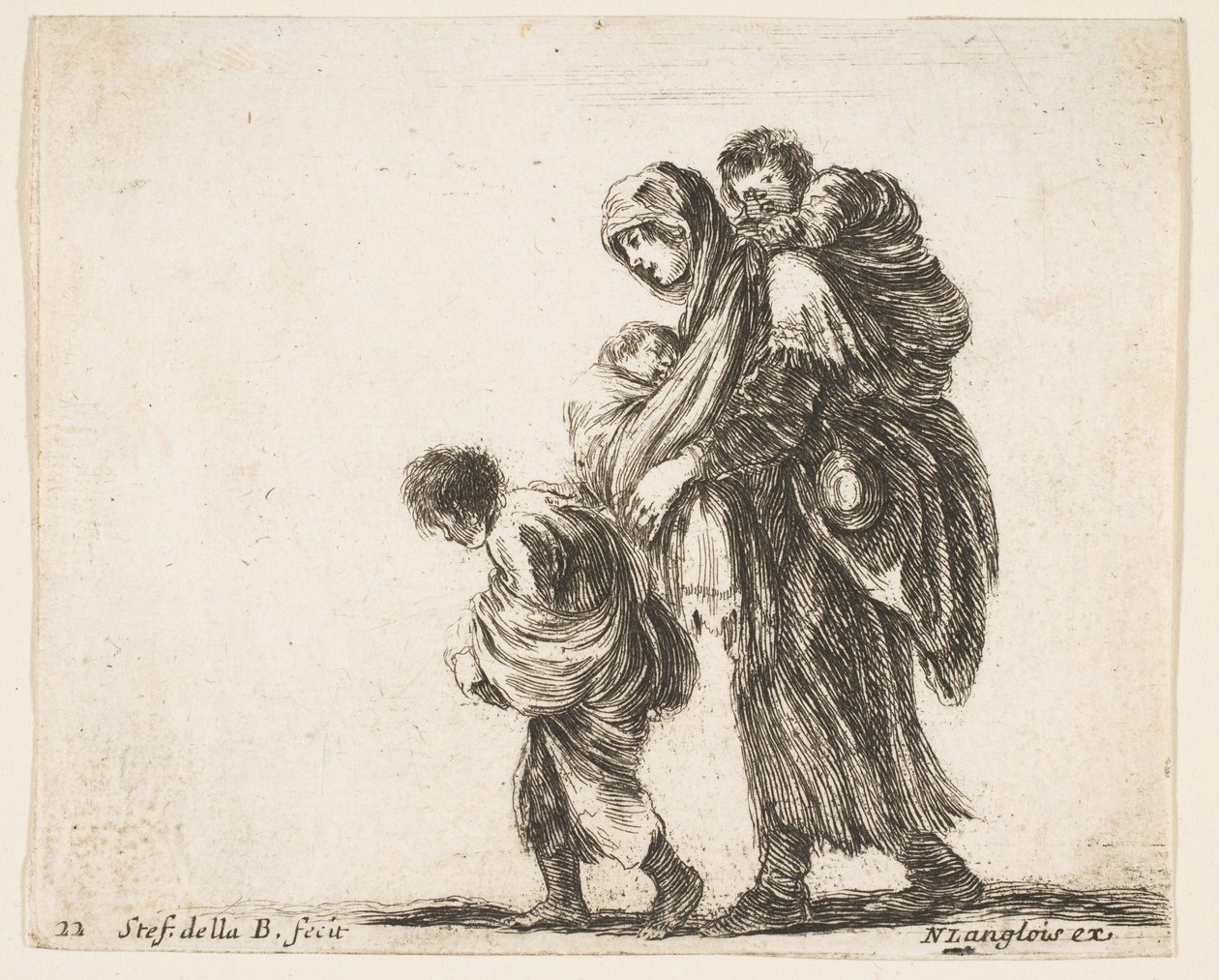 Tafel 22: eine Bettlerin mit drei Kindern, ein Kind auf ihren Schultern (ca. 1644-47) von Stefano della Bella