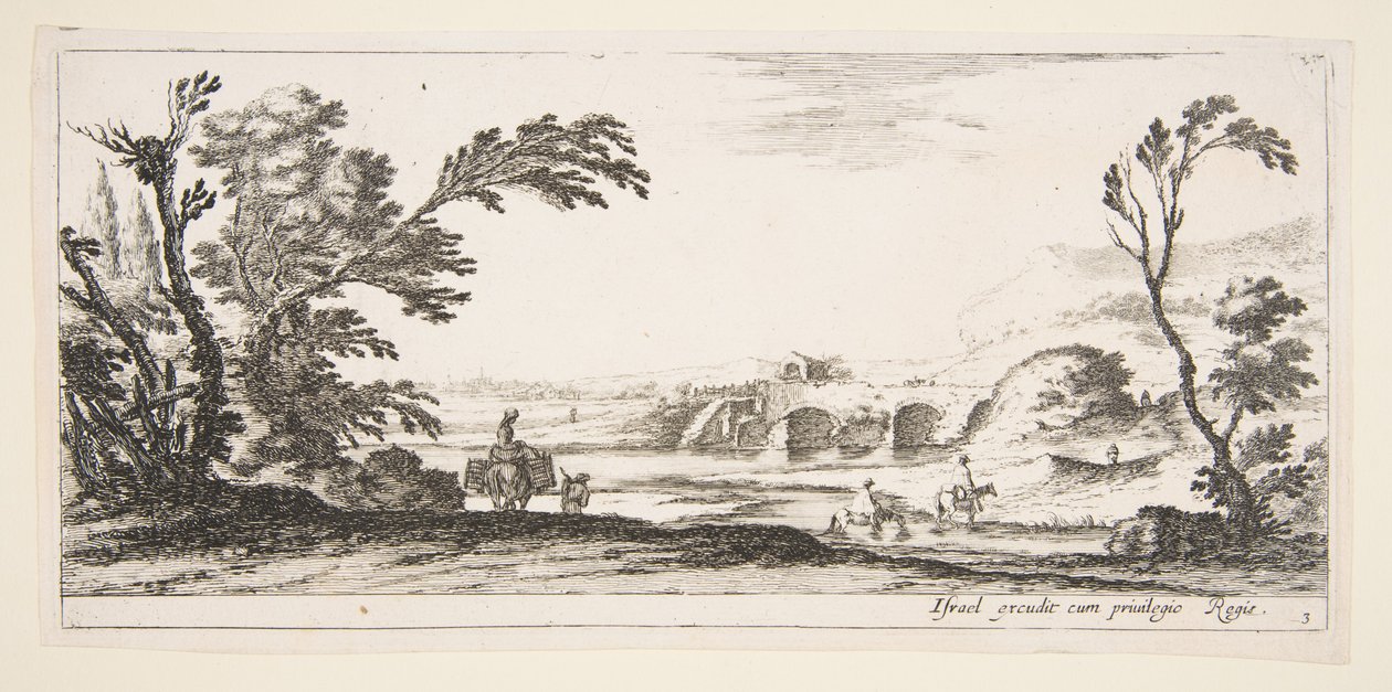 Tafel 3: zwei Reiter überqueren einen Fluss nach rechts, eine Frau mit zwei Körben auf einem Esel, ca. 1641 von Stefano della Bella