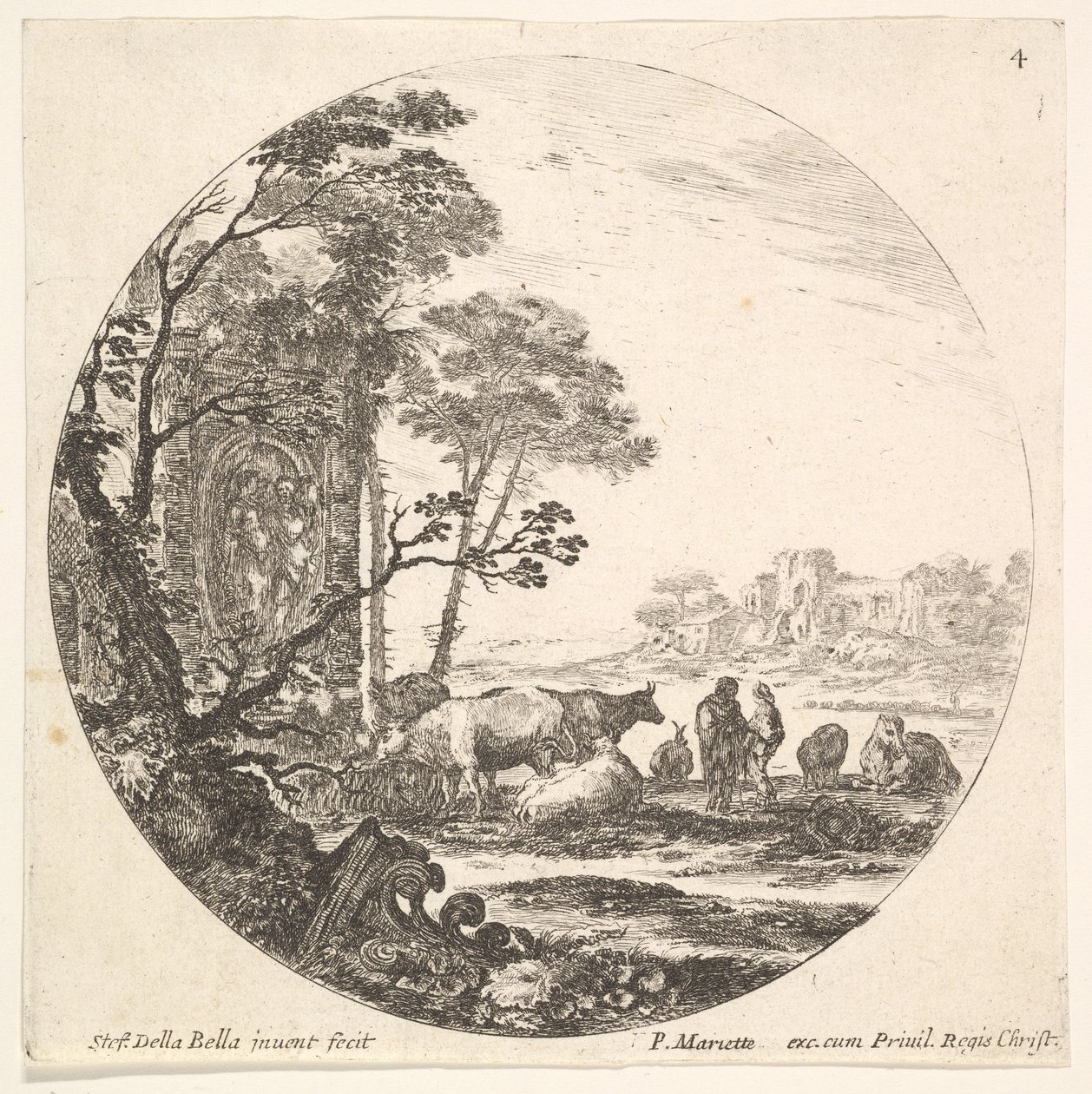 Tafel 4: Ein korinthisches Kapitell auf dem Boden links im Vordergrund, ein Denkmal w..., ca. 1643-48 von Stefano della Bella