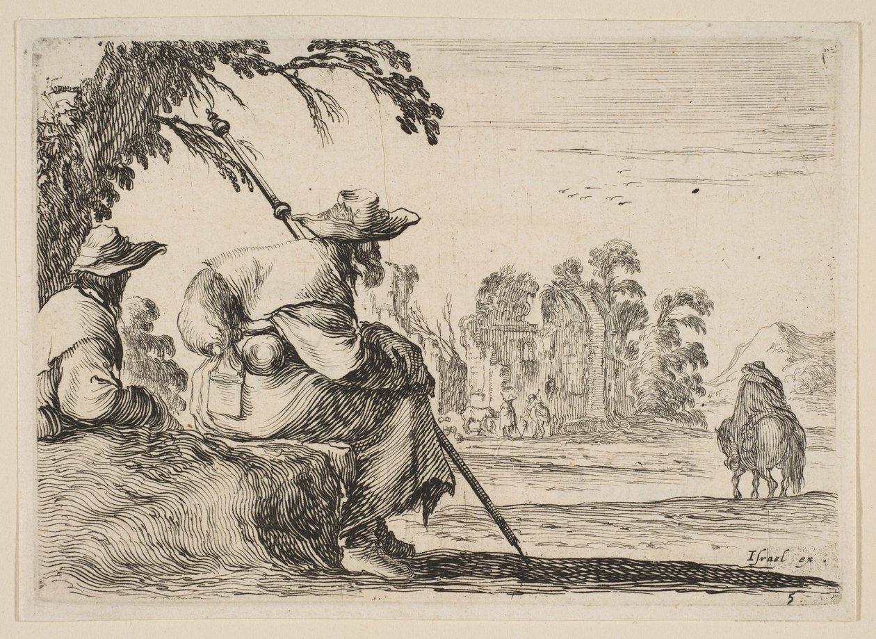 Tafel 5: zwei Pilger mit Hüten ruhen links, von hinten gesehen, ein Reiter reitet nach..., 1642 von Stefano della Bella