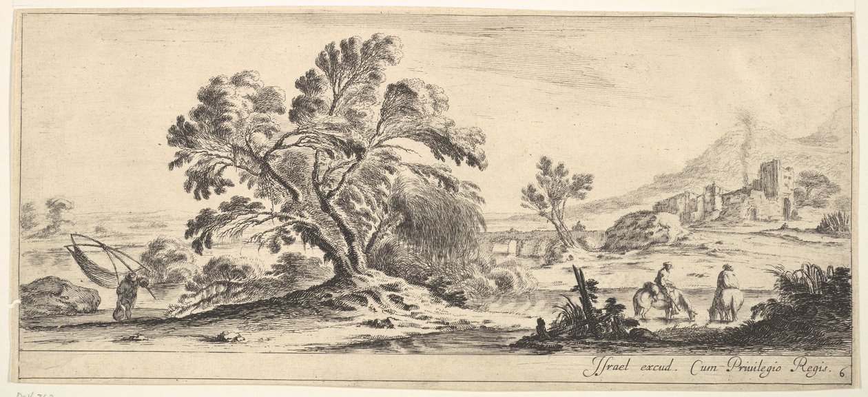 Ein Fischer trägt ein Netz nach links, zwei Reiter in einem Bach rechts, ein Baum..., ca. 1641 von Stefano della Bella