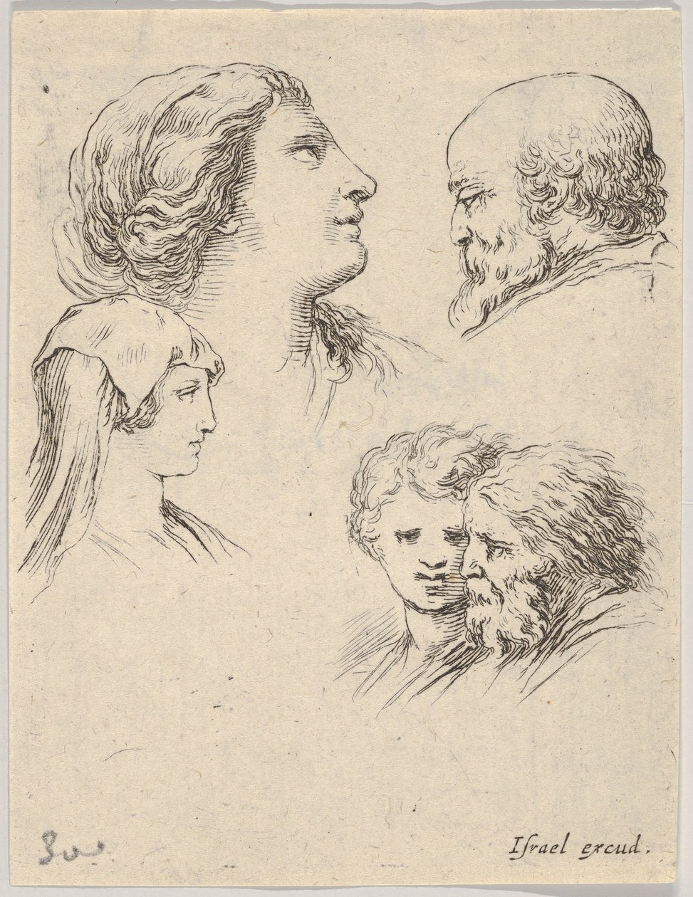 Fünf Köpfe, zwei junge Frauen links, ein bärtiger Mann oben rechts, eine junge Frau..., ca. 1649 von Stefano della Bella