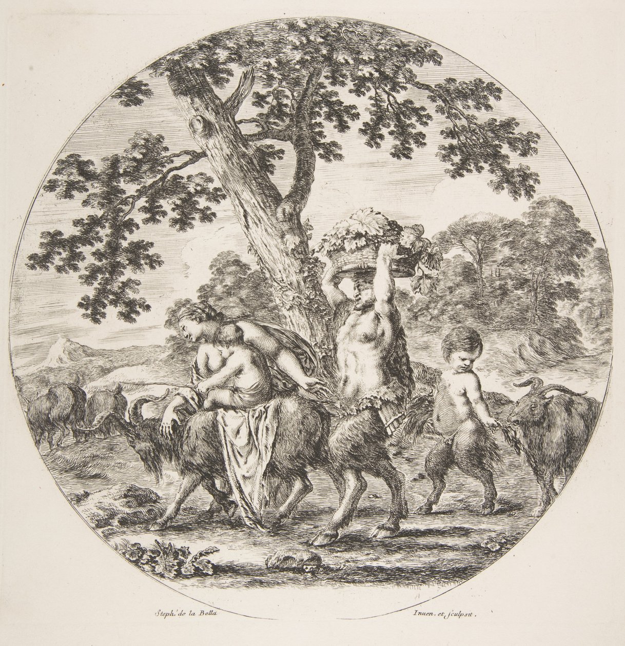 Satyrfamilie geht nach links mit zwei Ziegen und einem Korb Trauben von Stefano della Bella