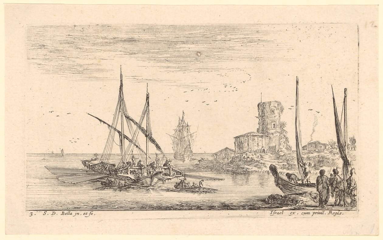Seestück mit mehreren Schiffen und altem Turm am Strand von Stefano della Bella