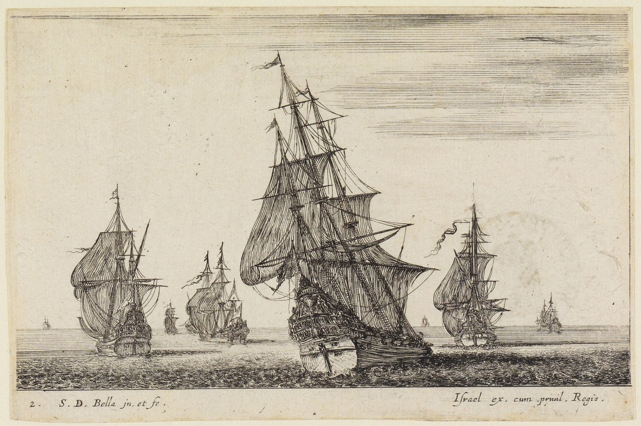 Seestücke: Segel setzendes Schiff im Vordergrund, weitere im Hintergrund von Stefano della Bella