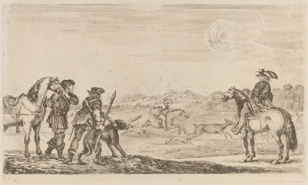 Kleiner Hirsch von einem Reiter verfolgt von Stefano della Bella
