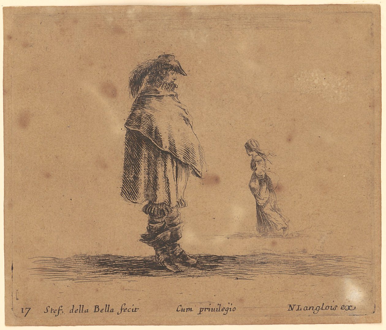 Stehender Mann mit Hut und Feder, in seinen Mantel eingewickelt, hinter ihm eine nach links gehende Frau von Stefano della Bella