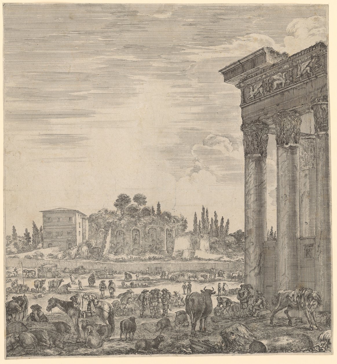 Tempel des Antonius Pius und der Faustina und der Campo Vaccino von Stefano della Bella
