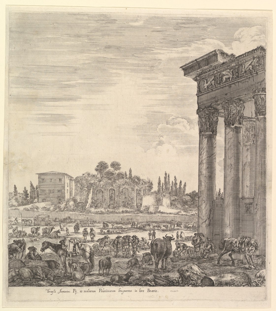 Die Säulen des Tempels des Antoninus rechts, ein Teil des Campo Vaccino in der Mitte, 1656 von Stefano della Bella