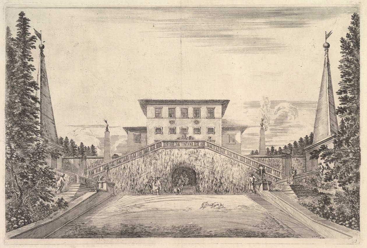 Die Villa mit vier Obelisken, einer Treppe zu beiden Seiten, einer Statue..., ca. 1653 von Stefano della Bella